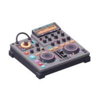 This is a stylized, digital rendering of a grey DJ mixer equipped with two jog wheels, multiple knobs, sliders, and a waveform display, suitable for creating music. png