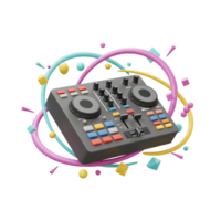 A gray DJ mixer is surrounded by colorful shapes in a fun, modern composition, ideal for creative music projects or digital art. png