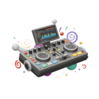 A 3D rendering shows a DJ controller with a screen displaying audio waves, surrounded by colorful swirls and geometric shapes for creative music production. png
