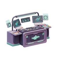 A futuristic DJ station features monitors displaying charts, keyboard, turntable, and equalizer for music mixing and live performances. png