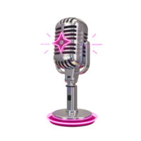 A chrome vintage microphone features a neon pink star and base, perfect for a retro performance or broadcasting setup. png