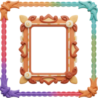 A decorative frame with an orange ornamental inner frame and colorful outer frame adds a playful and ornate touch, ideal for displaying art or photos. png