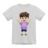 A cartoon boy with outstretched arms is printed on a white t-shirt, showing a playful design for apparel. png