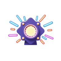 A 3D purple device emits colorful light rays and features a glowing center, suitable for digital illustrations or graphic design elements. png