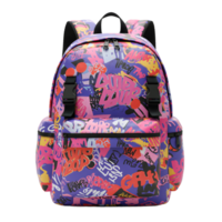This vibrant purple backpack features a graffiti style print and adjustable straps, making it perfect for everyday travel. png