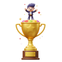 A cartoon character celebrates a win while standing on a gold trophy with colorful gems, likely for use in motivational or success-related content. png