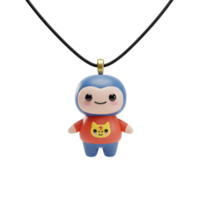 A cartoon-like character pendant with a red shirt and blue body hangs from a black string, making it suitable for decorative or personal style expression. png