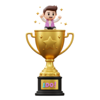 A cartoon man with arms raised sits atop a large golden trophy surrounded by stars indicating success and celebration for use in achievement related content. png