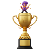 A cartoon figure celebrates on top of a golden trophy with star detail, representing victory and success for awarding achievement. png
