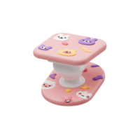 A pink phone grip with cartoon character decorations adds a playful touch, enhancing comfort and security for mobile device use. png