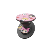A pink and black phone grip features cartoon characters, which is used to hold the phone. png