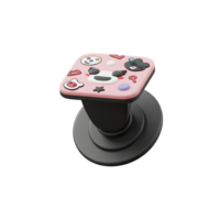 A pink phone grip is decorated with a panda face and other colorful cartoon elements, adding a touch of whimsy to phone usage. png