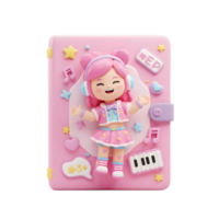 Pink journal decorated with a cartoon character, music notes, keyboard, star and heart shapes is visually cute and can be used as a notebook. png