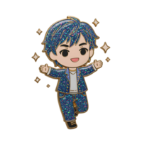 A cartoon boy enamel pin is depicted with open arms, wearing a sparkly blue suit, set against a white background, ideal for collection or decoration. png