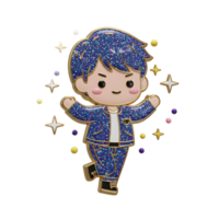 A sparkling cartoon boy pin strikes a cheerful pose with a glittery blue jacket and pants, making it ideal for adding flair to clothing or accessories. png