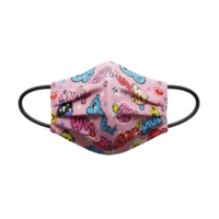 A pink face mask is covered in colorful cartoon graffiti and black elastic straps to hold it in place, making it a fun way to protect yourself and others. png