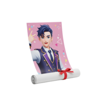 A stylized animated male character is depicted on a pink poster which is part of a rolled scroll secured with a red ribbon, shown against a plain background for promotional purposes. png