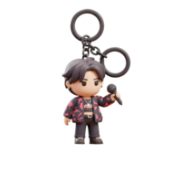 A cartoon singer keychain holds a microphone and wears a patterned jacket, perfect for adding a pop of personality to keys or bags. png