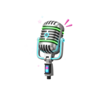 This image features a classic microphone design with neon accents and colorful stars floating around, suitable for broadcasts or entertainment. png