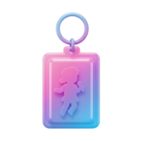 A keyring shows a singer holding a microphone against a pink and blue gradient background, ideal for personalizing belongings. png
