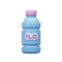 A light blue bottle with a purple cap and the text ILO in purple is surrounded by decorative elements and used to contain liquid. png
