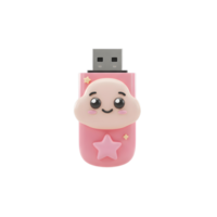 A pink USB drive with a cute cloud face and star embellishments is shown on a plain background and can be used for data storage. png