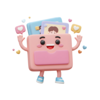 A happy cartoon organizer character stands with photos and chat bubbles floating around it, ideal for illustrating organization concepts. png