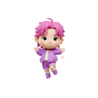 A cartoon character with pink hair and a purple suit is smiling and surrounded by stars, making a whimsical image perfect for children's media. png