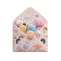 This image shows an open envelope filled with cute cartoon character figurines and colorful embellishments, likely used as a decorative item or gift. png