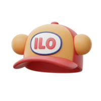 A 3D cartoon cap is displayed, featuring red, orange, and yellow color scheme, decorated with spheres for whimsical designs or branding. png