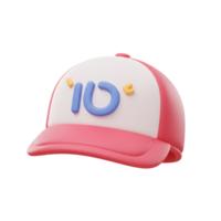 A pink and white baseball cap features a large blue number with yellow quotation marks on a white background, which can be worn for sun protection or as a fashion statement. png