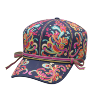 This embellished cap features intricate floral embroidery and a ribbon accent, ideal for adding a touch of unique style to any outfit. png
