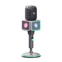A gray microphone with neon accents and a round base sits on a white background, suitable for streaming or recording audio. png