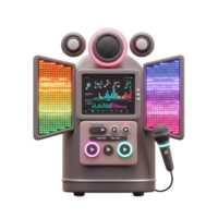 A stylized karaoke machine features a microphone, speaker, colorful LED light panels and music visualization display for entertainment. png