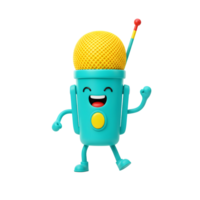 A cartoon microphone character with a smiling face celebrates with its arm raised, suitable for illustrating a cheerful audio recording or broadcast concept. png