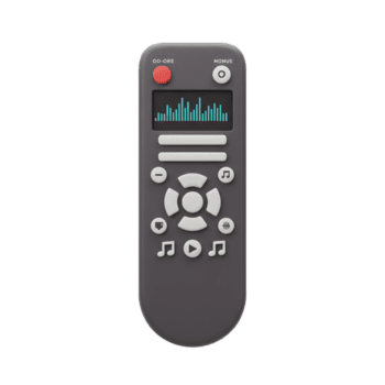 A gray remote control features several buttons, a display screen and musical notes, and can be used to navigate media. png