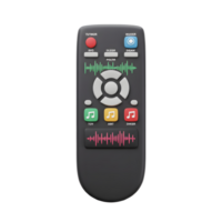 A dark gray remote control features colorful buttons, sound visualizations, and navigation keys for controlling audio devices and sound levels. png