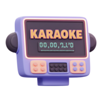 A purple karaoke machine displays song information and has buttons for user input, typically used for singing entertainment. png