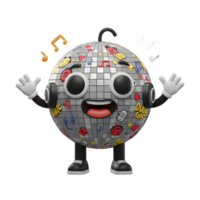 A happy disco ball character has its arms open, and musical notes surround it which can be used to celebrate at a party. png