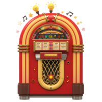A red and yellow jukebox is displayed with glowing lightbulbs and floating music notes and stars, perfect for retro-themed designs and parties. png