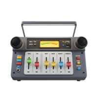 A gray sound mixer with built-in speakers and various colored sliders is showcased in a studio setting, ideal for audio mixing tasks. png