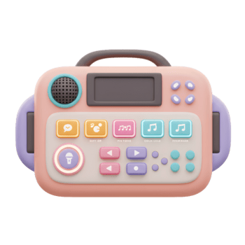 This is a toy music device with buttons, speaker, display and handle that is used for entertainment. png