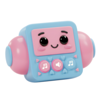 A cheerful cartoon music player with headphones features a cute, smiling face and heart-shaped buttons, making it suitable for children's entertainment and educational purposes. png