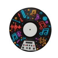 Colorful neon music notes and an equalizer are shown on a black vinyl record to be used as a background image or graphic design element. png