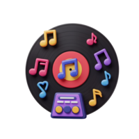 A vinyl record features colorful musical notes surrounding it along with a compact player in a vibrant, playful design, ideal for music-related themes. png