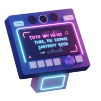 This is an interactive terminal with a screen displaying text and music notes, framed by neon lights and complemented by round buttons for engaging experiences. png