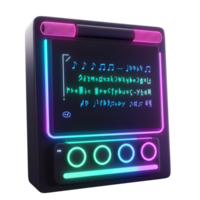 A music player with a screen displaying music notes and text, surrounded by vibrant neon lights, for listening to music. png