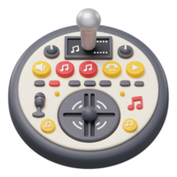 Cartoonish music mixer with microphone, volume control, music note buttons, and other audio controls for playing and creating music. png