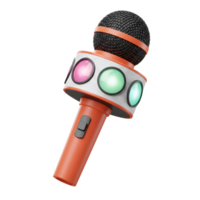 A colorful toy microphone floats against a white background with music notes and multiple light-up buttons for karaoke fun. png