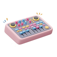 A colorful sound mixer with knobs and sliders is displayed in a bright setting, suitable for audio production or music creation visuals. png